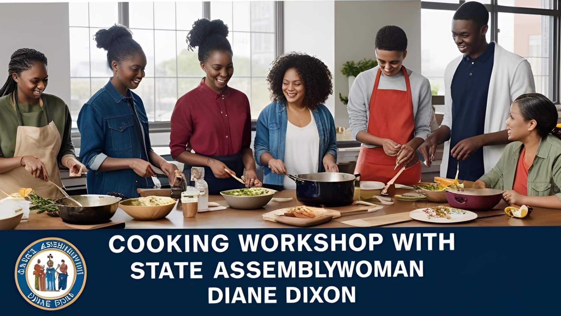 State Assemblywoman Diane Dixon smiles alongside a diverse group of young adults as they prepare food together in a bright kitchen during a hands-on cooking workshop.