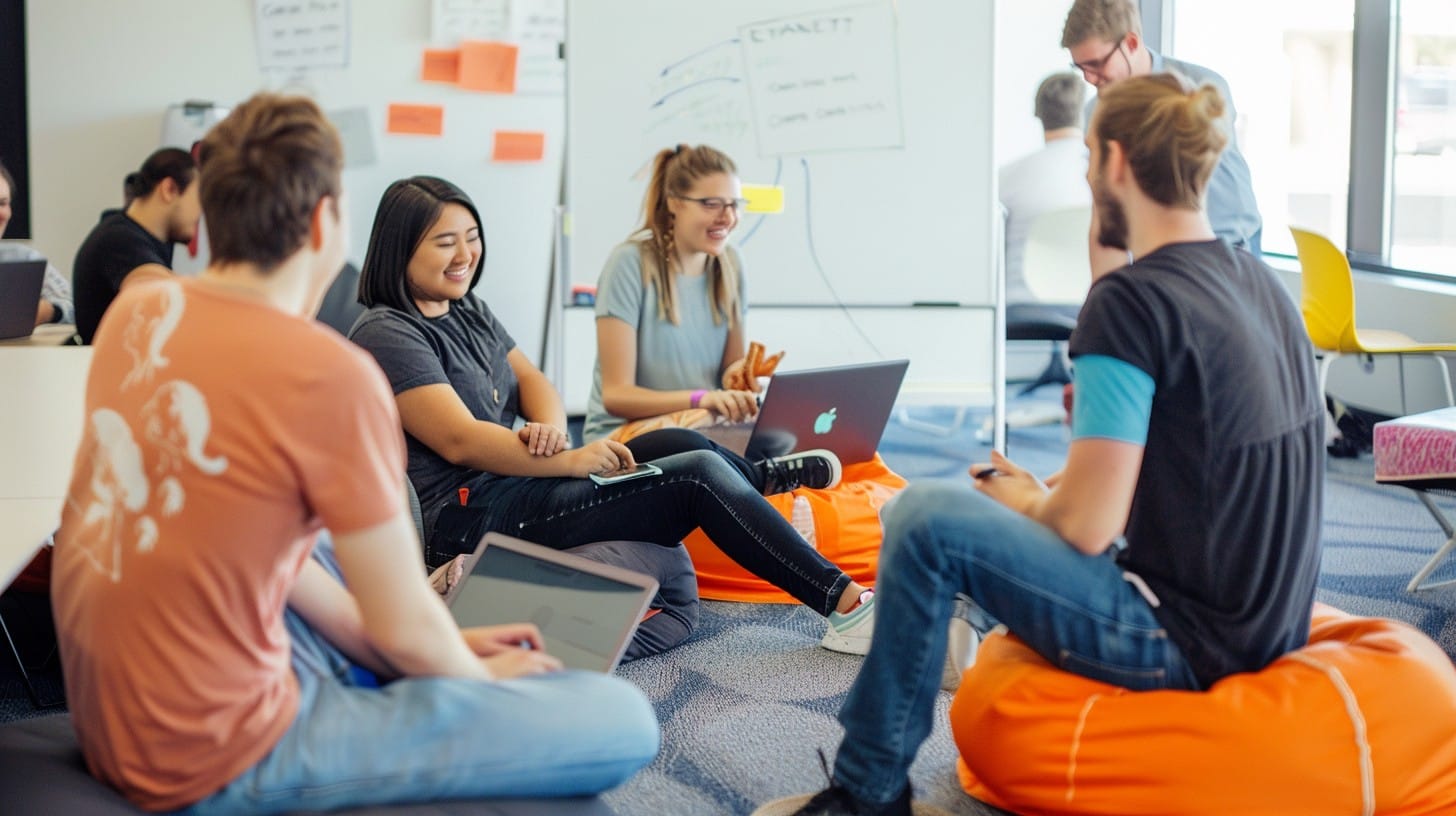 Diverse group of young adults gathered around in a modern office, actively participating in a professional development workshop focused on job retention skills.